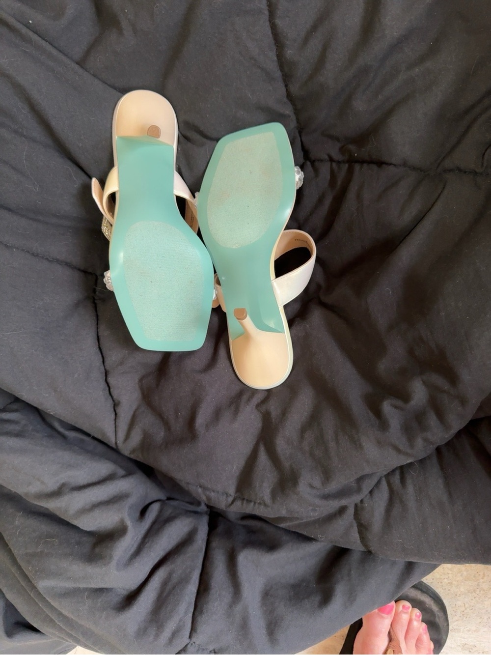 Betsey Johnson Ivory Satin Slide Mules with Crystal Buckles - Picture 3 of 5